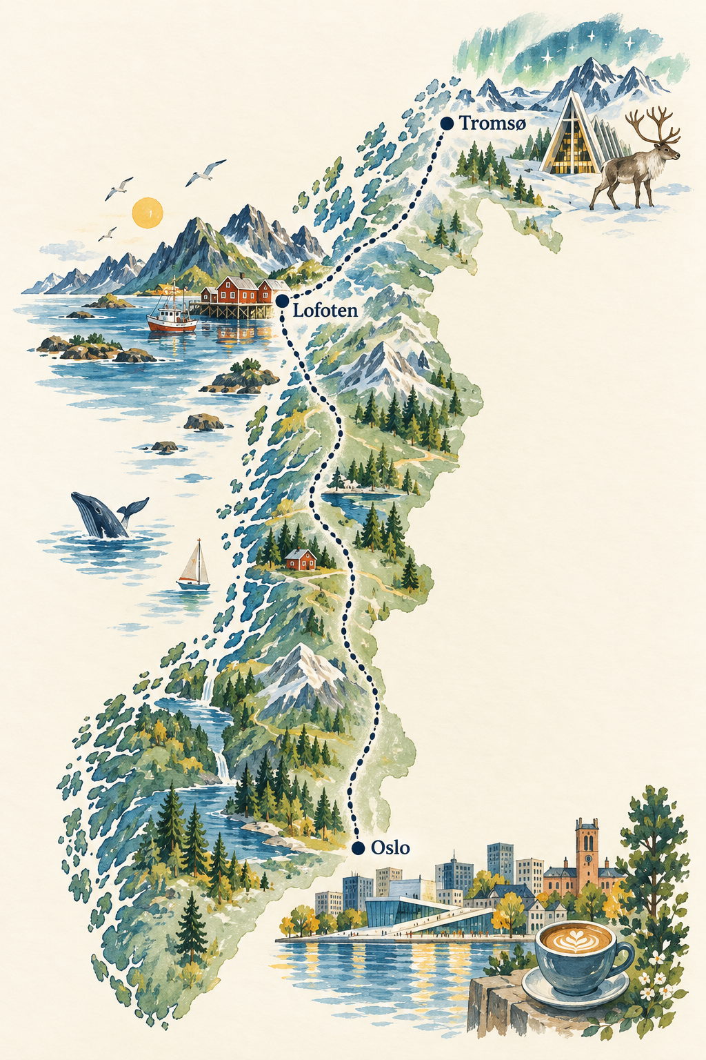 Illustrated route map of Norway marking Oslo, Tromsø, and Lofoten.