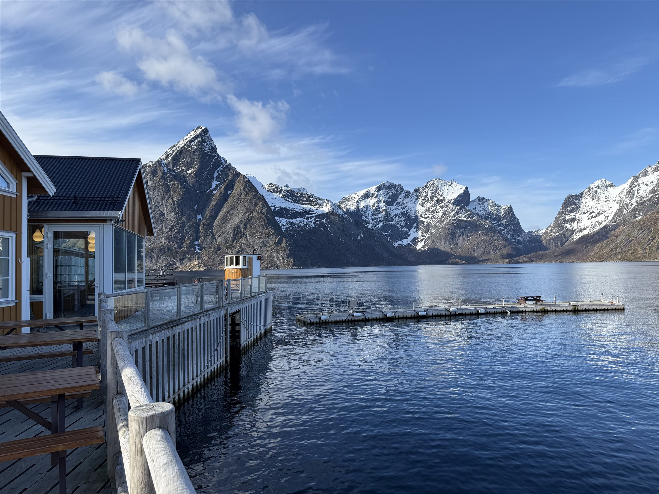 Lofoten waterfront with snowy mountains