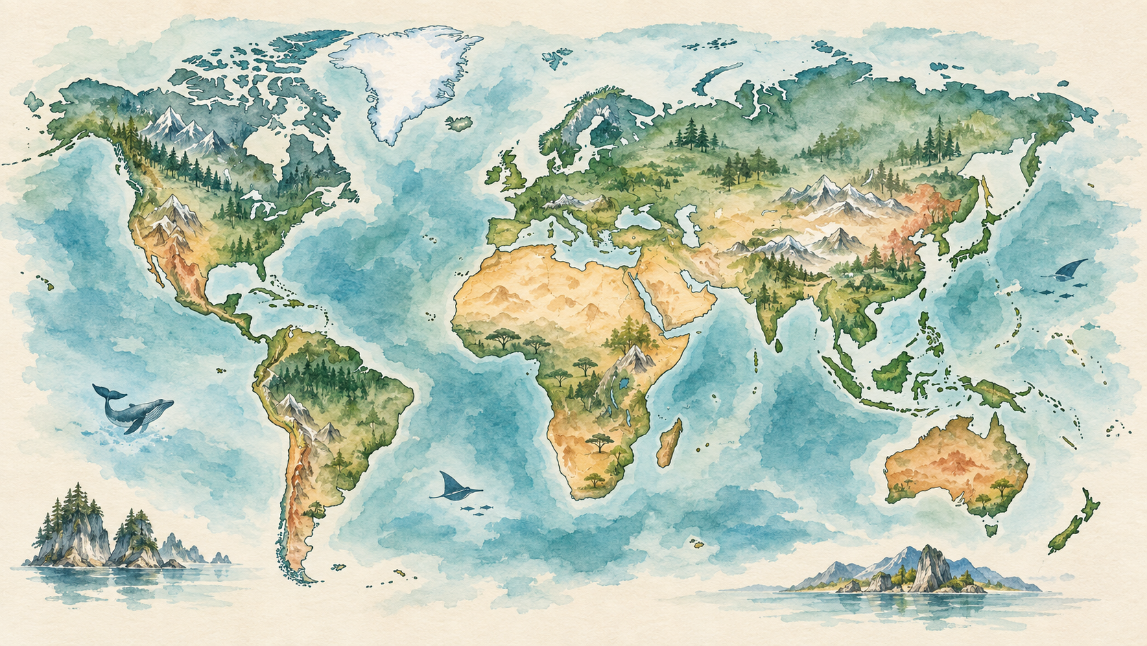 Illustrated world map with Norway marked as an available travel guide.
